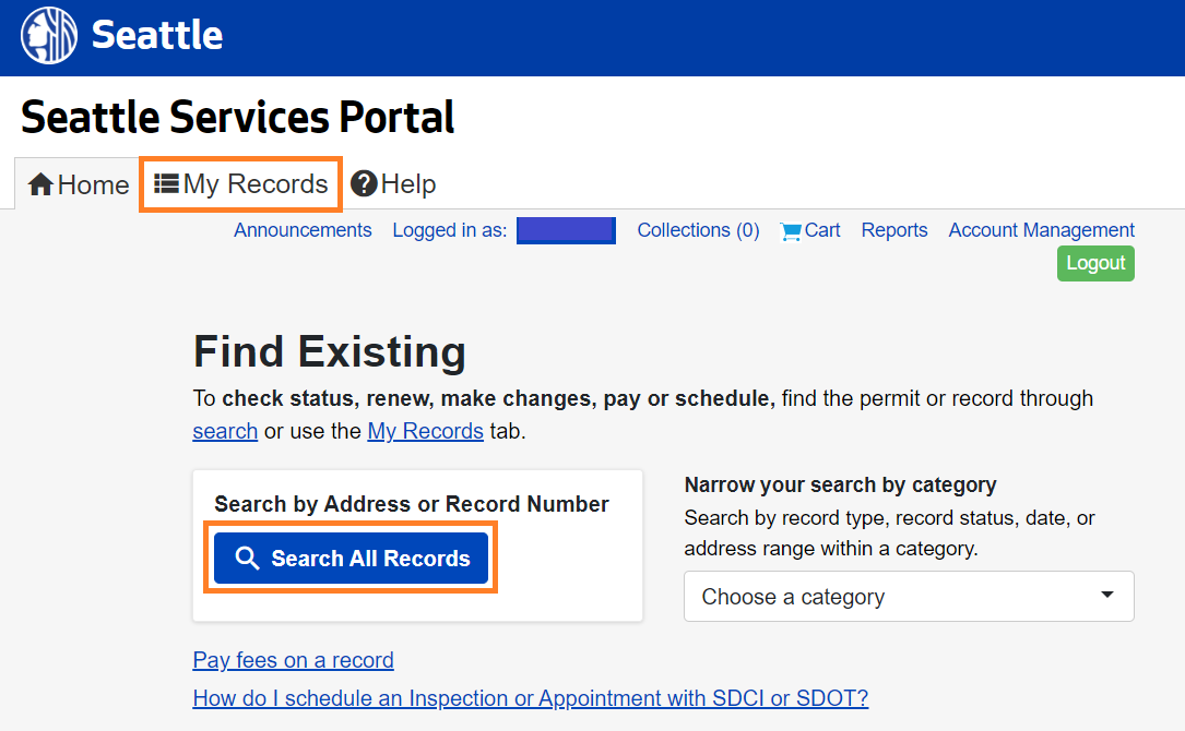 Seattle Services Portal launch page, My Records tab highlighted. The Find Existing section shows a blue Search All Records button.