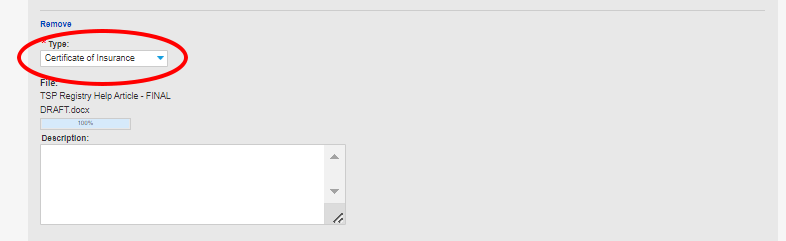 A file selection page, a dropdown menu lists Certificate of Insurance and is circled in red.