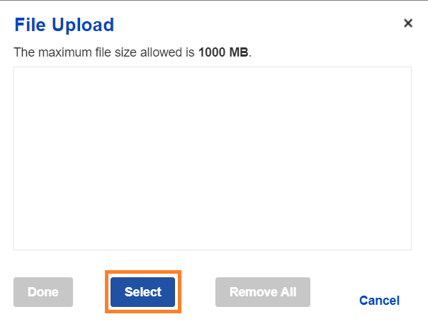 File upload popup with instructions on document size.
