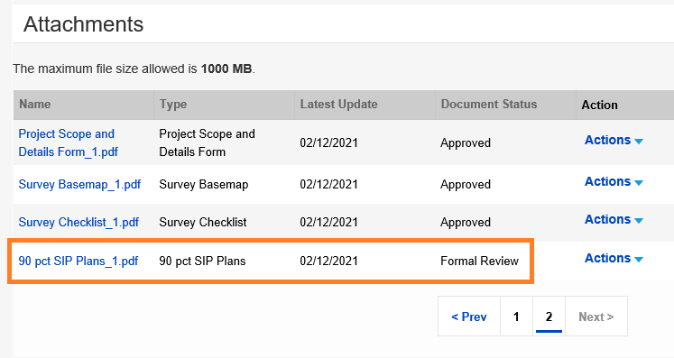 A list of attachments is shown, the 90 pct SIP Plans pdf is shown as uploaded and Formal Review as the status.