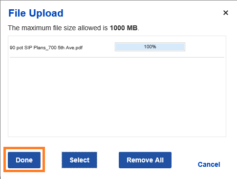 File upload popup showing successful upload of attachment, a blue Done button below and to the left.