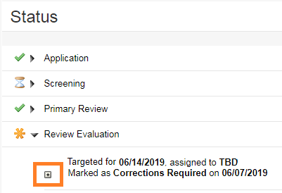 The Corrections Required section under Review Evaluation is shown. A small plus sign is highlighted to show where to click to expand.
