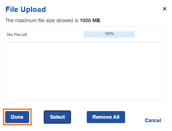 File upload popup indicating successful upload of attachment. Blue Done button below is highlighted.
