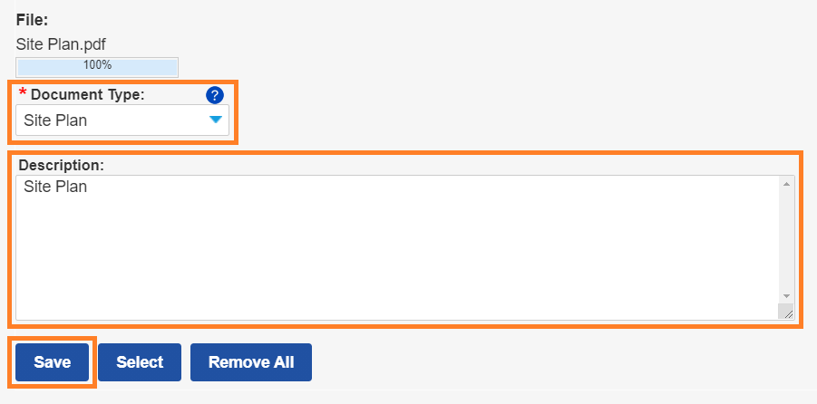 Select Document section. A dropdown menu that says Document Type has selected Site Plan. Below that a text box for Description is highlighted.