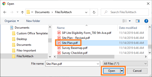 A list of files on a computer, Site Plan.pdf is highlighted and loaded into the File Name section. The button for Open is highlighted.