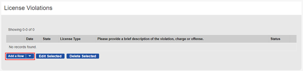 License Violations tab with add row button highlighted