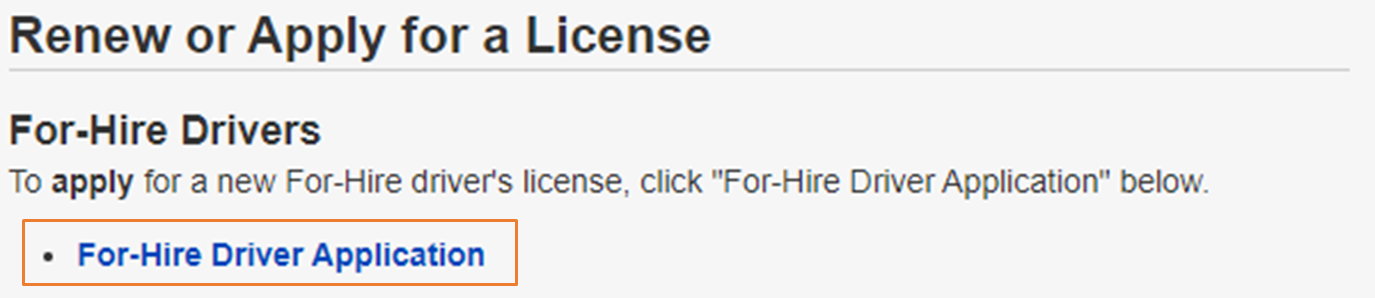 Renew or apply for a license tab for-hire driver application highlighted