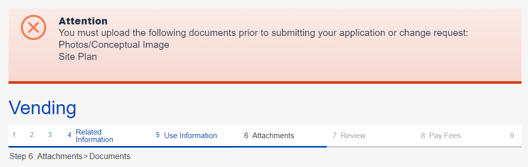 Vending - Documents Page - Attention Error - Missing Two Documents