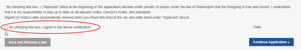A clickable certification statement asks that all information is correct and true. A red circle highlights the agree check to the left of the statement of certification.