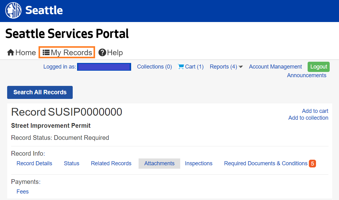Seattle Services Portal, My Records tab selected, with a Street Improvement Permit shown.