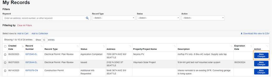 My Records search section of the Seattle Services Portal, Make Changes button to the right of record is highlighted.