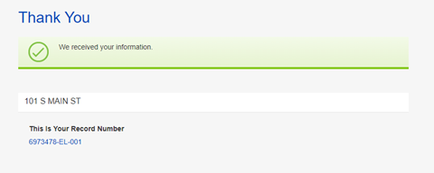 Thank You message upon completion, with a record number provided below.