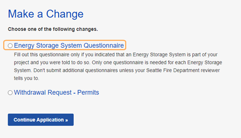Make a Change tab, Energy Storage System Questionnaire is highlighted in orange.