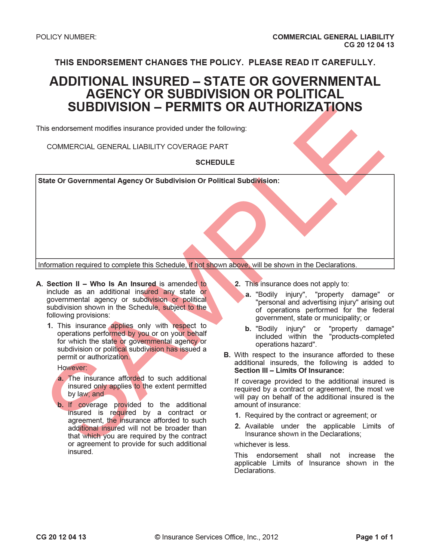1.	An example of an insurance endorsement for commercial general liability, with space to write the State or Government Agency or Subdivision or Political Subdivision, explanation of who it insures, with a large red SAMPLE watermark going diagonally across.