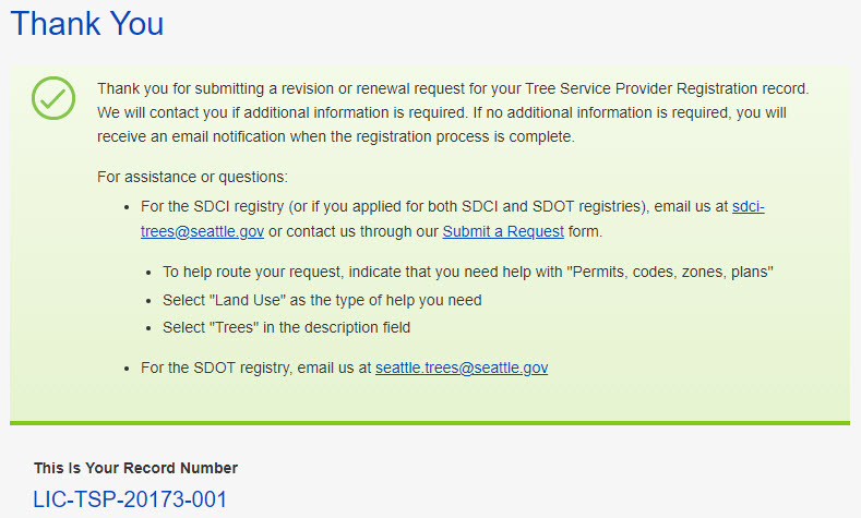 A green Thank You message displays, affirming the revision request, and listing ways to contact SDCI for further help. Below this a record number is listed.