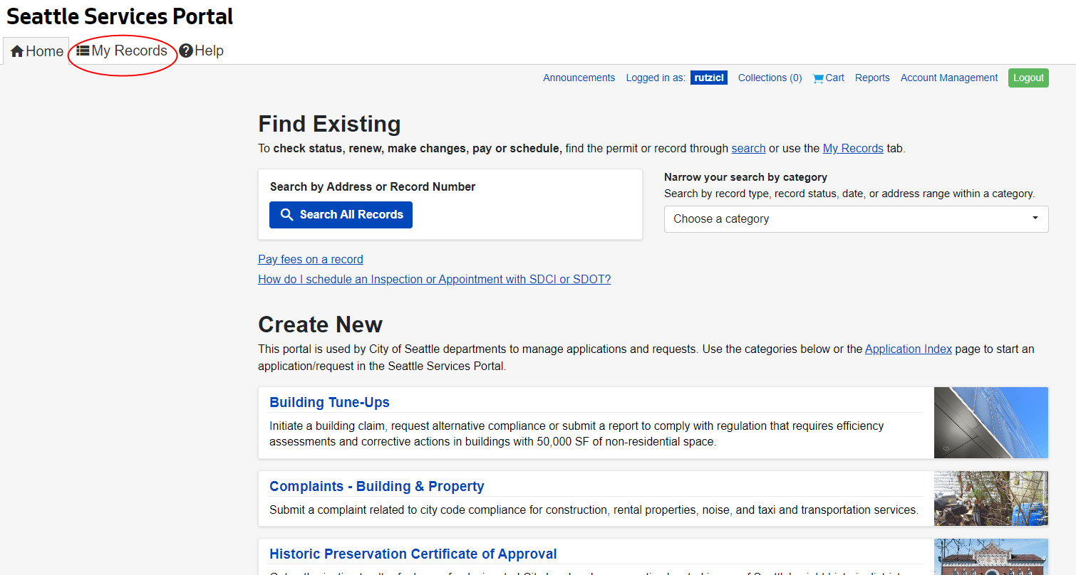 Seattle Services Portal, My Records tab highlighted.
