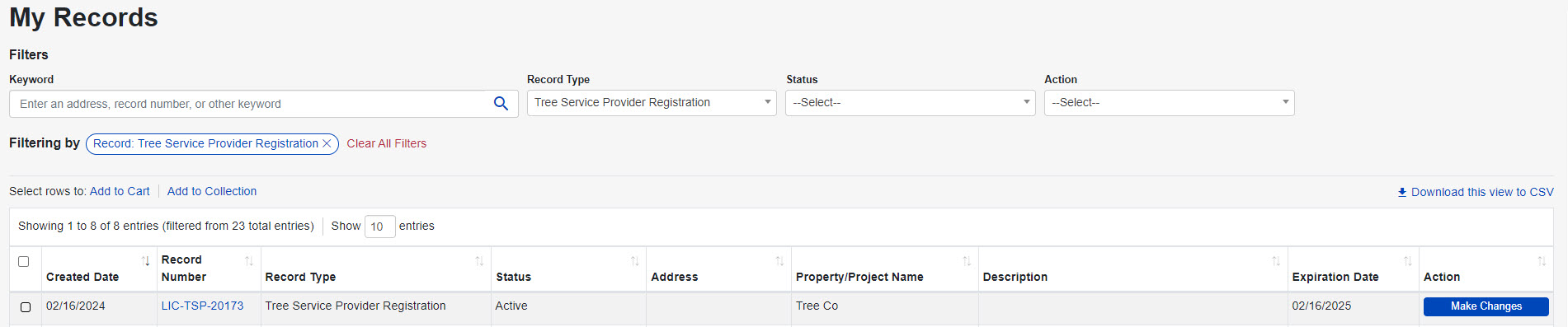 In the My Records section, Tree Servicer Provider Registration is selected.