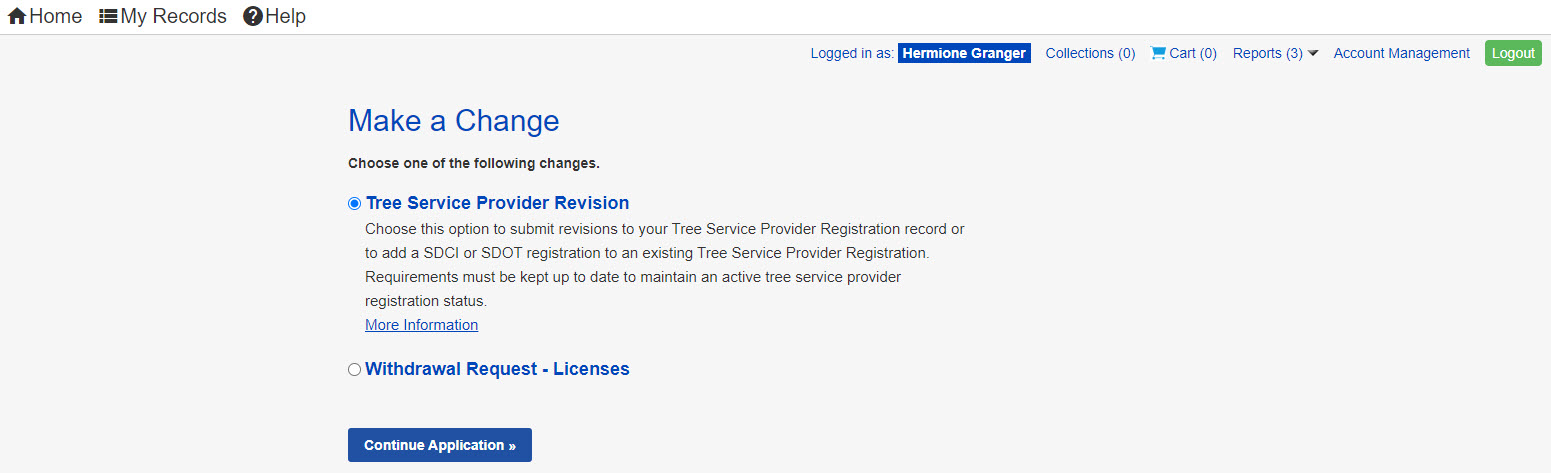 In the Tree Service Provider Registration section, Make a Change is listed, a checkable box next to Tree Service Provider Revision is selected.