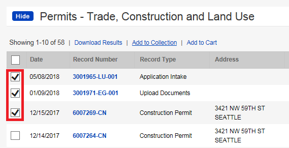 Permits trade, construction, land use tab with 3 checked off records highlighted