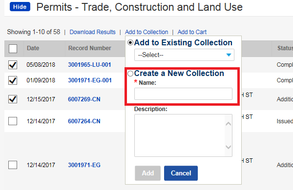 create new collection window highlighted