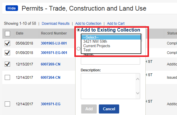 add to existing collection highlighted with drop down menu of previously used collections