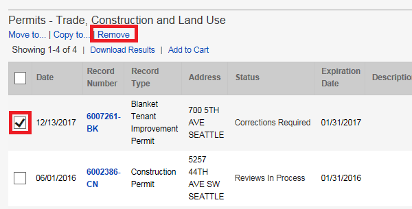 collections tab with one collection being highlighted and the remove botton highlighted