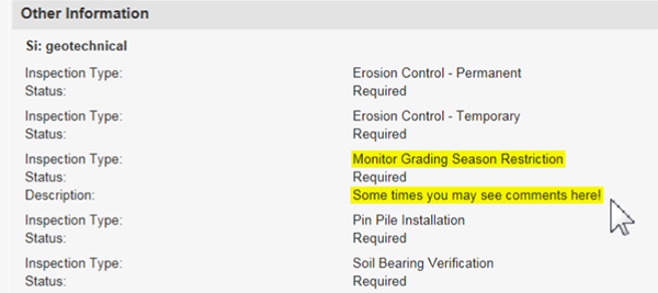 Other Information Page listing Inspection Type. Monitor Grading Season Restriction highlighted, an arrow points to the Description section reading “Some times you may see comments here!”