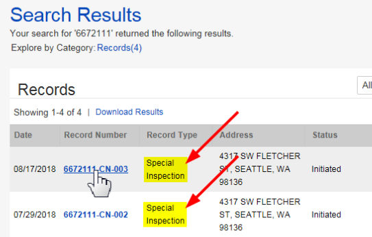 Search Results Page, two red arrows pointing to Special Inspection records with the same address but different Record Numbers.