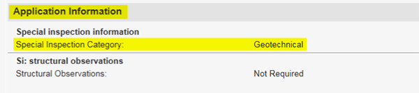 Application Information Page, Special Inspection Category: Geotechnical highlighted in yellow.