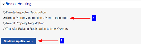 Create New screen, Rental Housing Registration (RRIO) selected.