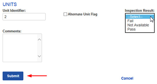 List of Inspection Results, Actions is selected showing Edit or Delete.