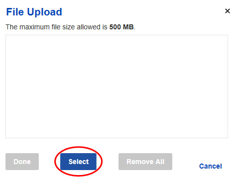 File Upload snap with Select button circled in red.