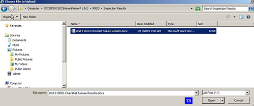 Files on a computer with Unit 1 RRIO Checklist Failure Results.docx selected to upload.