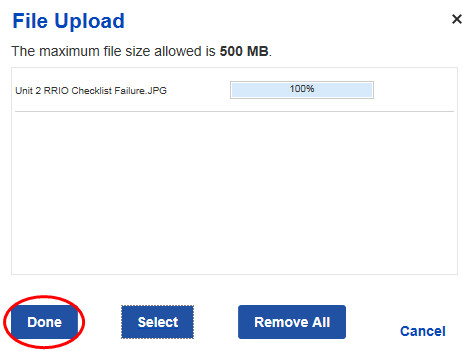 File Upload screen showing successful upload, Done button is circled in red.