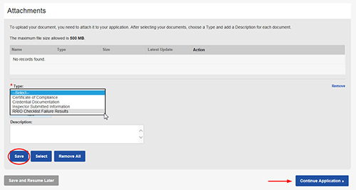 Attachments page with dropdown menu of Type and blue Save button circled in red.