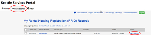 My Records tab highlighted on the Seattle Services Page. Pay Fees Due option selected.