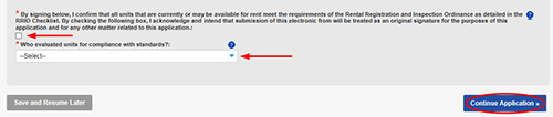 Renewal buttons with check box to accept changes and continue application button highlighted