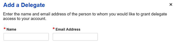 Under Add a Delegate instructions to enter name and email address, with fillable boxes for both questions.