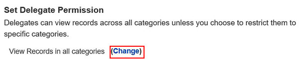 Set Delegate Permission page, View Records in all Categories selected, the link for (Change) is highlighted in red.