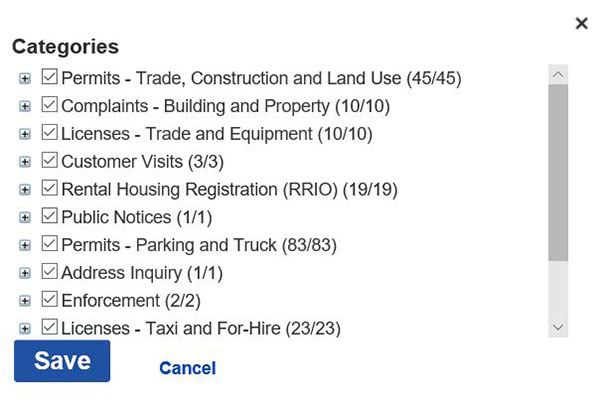 List of Categories available as a checklist, all checked, with Save and Cancel links beneath.