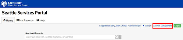 Home Page of Seattle Services Portal, Account Management link highlighted in red towards the middle right.