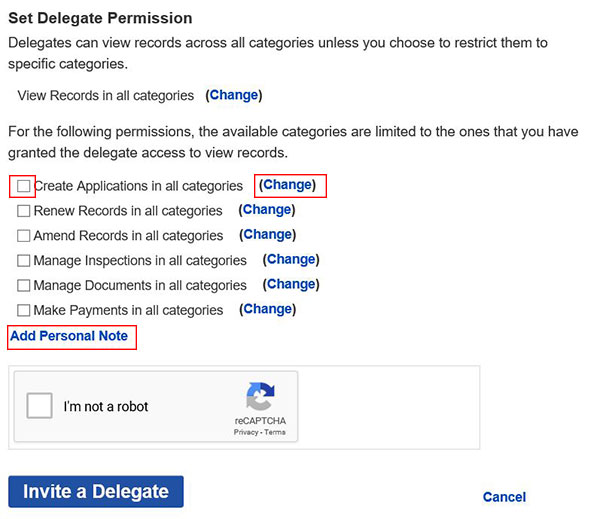 Set Delegate Permission page, a list of actions with places to check off to the left. Create Applications in All Categories selection is highlighted in red, along with the (Change) button indicated next to it. Below the list Add Personal Note is also bolded in red, and a Captcha question below that. g