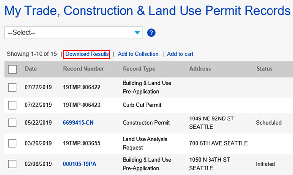 trade construction and land use permit records with download results button highlighted