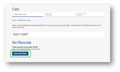 Cart tab with save and close