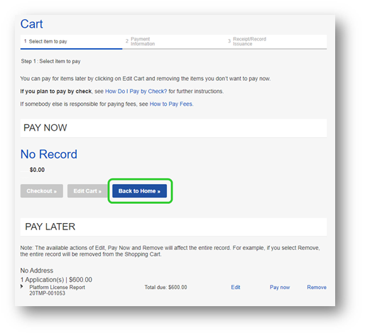 cart tab with back to home highlighted