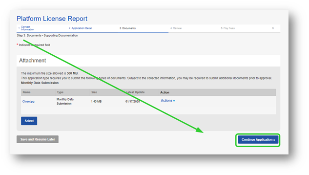 Platform License Report doucments tab with continue application