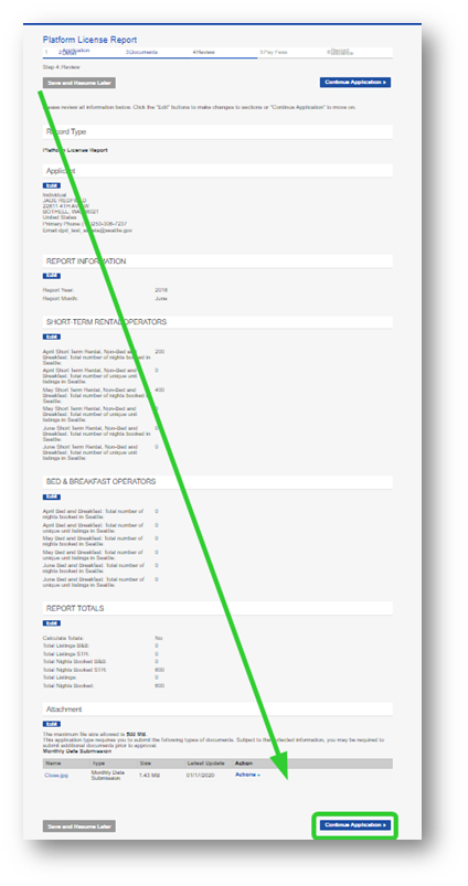 Platform License Report doucments tab with continue application