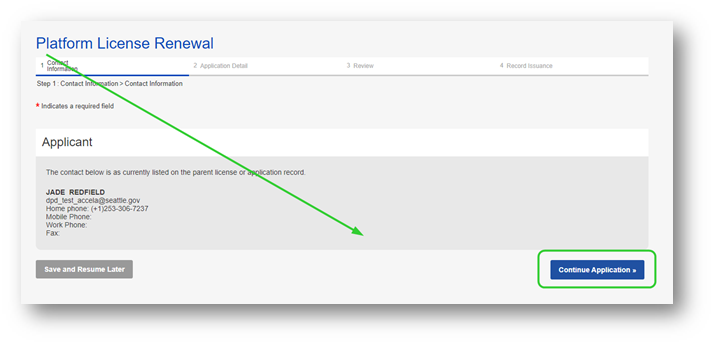 Platform License Renewal, Applicant information. A green arrow points to the Continue Application button.