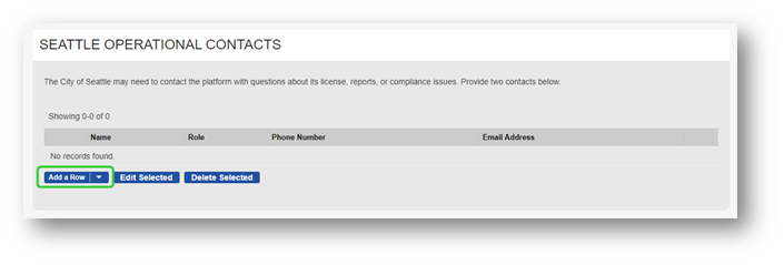 Seattle Operational Contacts list. Add a Row button below is outlined in green.