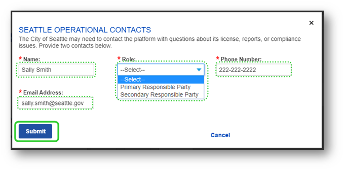 Seattle Operational Contacts information with space to add Name, Email Address, Phone Number, and a dropdown menu for Role are highlighted in green. Below the fields a blue Submit button is also highlighted.